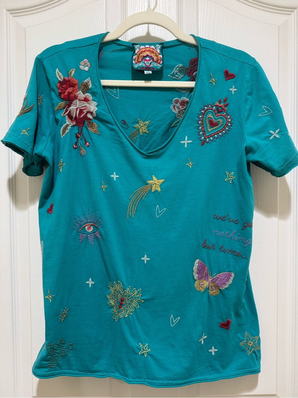 Johnny Was Monroe Everyday Tee XS Teal Embroidered Boho Cotton Top
